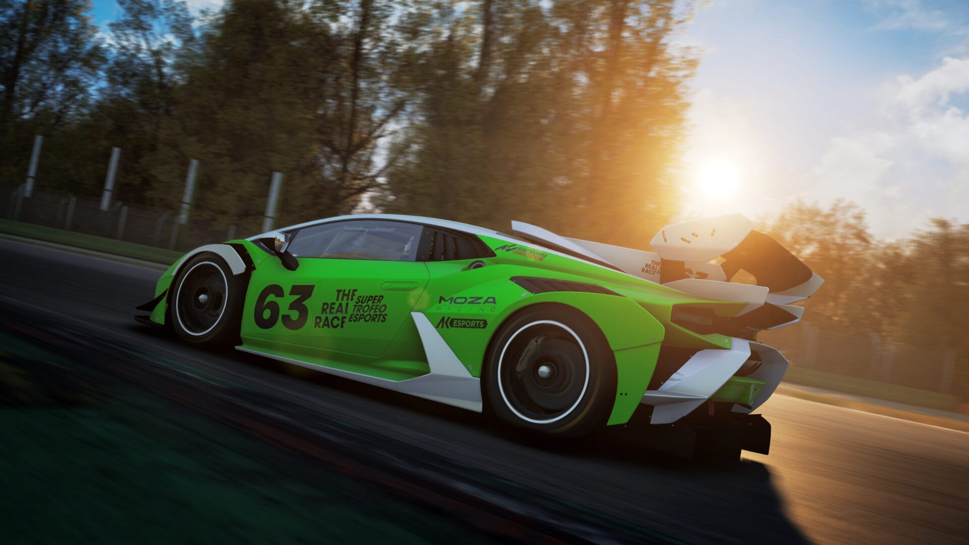 Side view of a green Lamborghini on the track, emphasizing the stunning visuals of Assetto Corsa Competizione