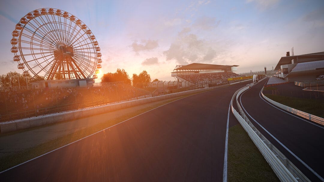 Sunset Serenity: Cars Racing on Suzuka Circuit with Ferris Wheel Backdrop in Assetto Corsa Competizione
