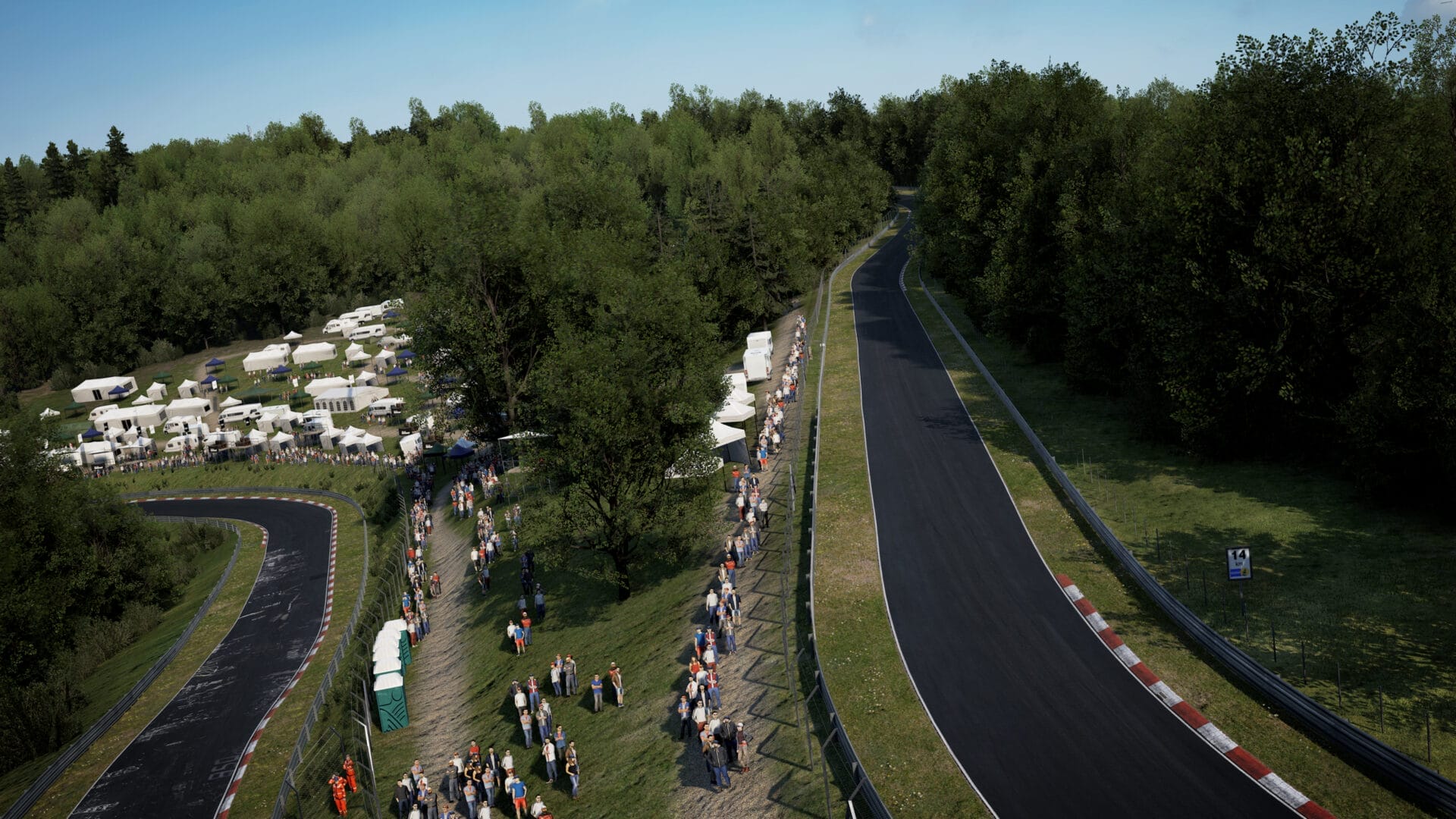Panoramic shot capturing the vast expanse of the Nürburgring 24h track in Assetto Corsa Competizione.