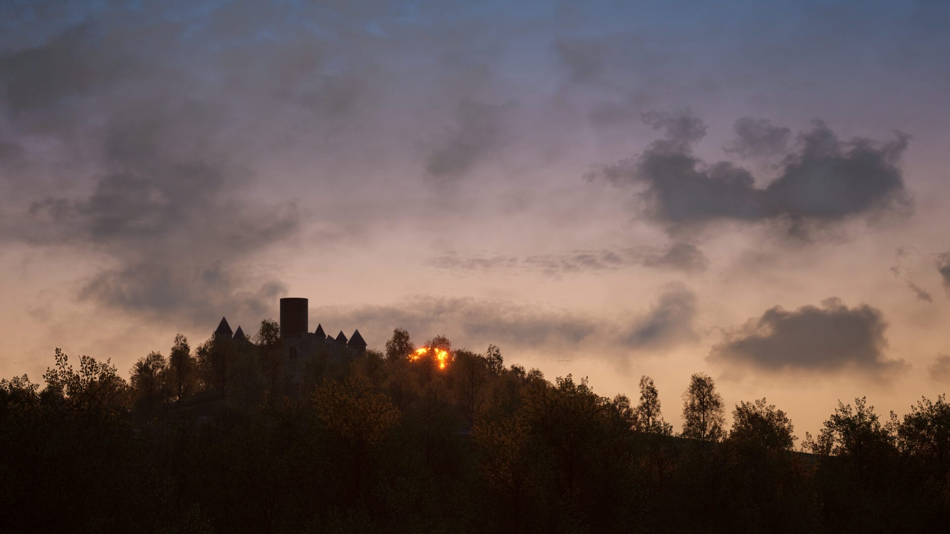 The setting sun casts a golden glow over the Nürburgring 24h circuit, with the iconic castle in the background, creating a picturesque scene in Assetto Corsa Competizione