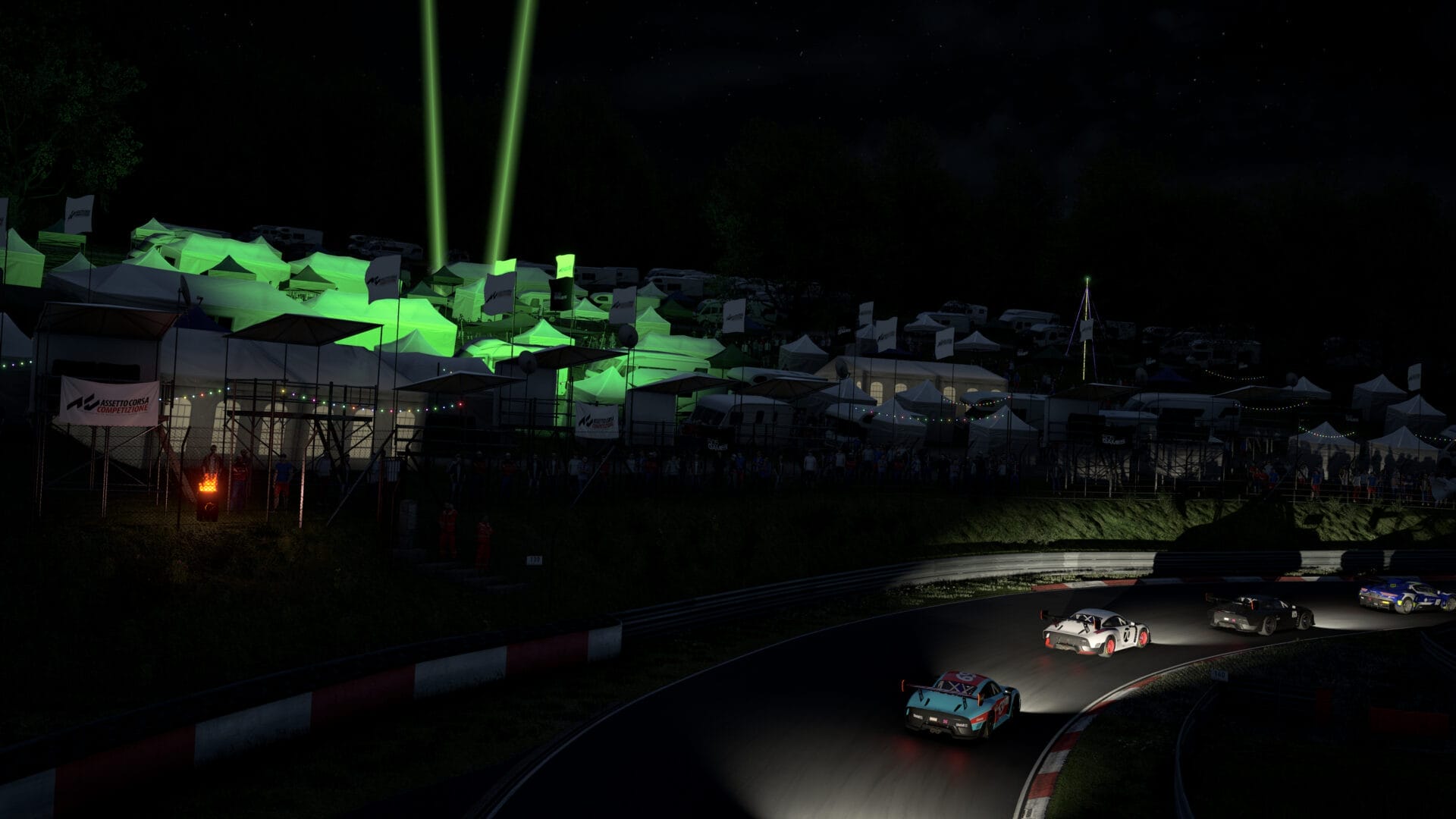 Scenic view of the Nürburgring 24h track at night, with cars zooming past charming gazebos and illuminated details, capturing the thrilling atmosphere.